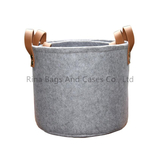 Foldable And Collapsible Felt Cloth Laundry Storage Basket With Leather Hand Strap