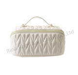 Soft Cream White PU Leather Cosmetic Bag Organizer Pouch With Handle