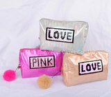 Brushed Holographic Waterproof Cosmetic Bag with Fake Fur Tassel